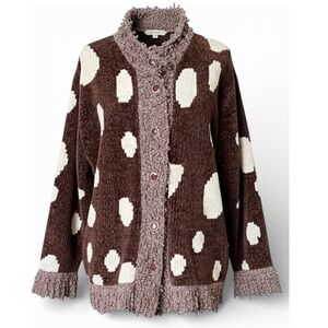 Cache Brown Chenille Polka Dot Cardigan Mock Neck Cozy Button Up Sweater Size L